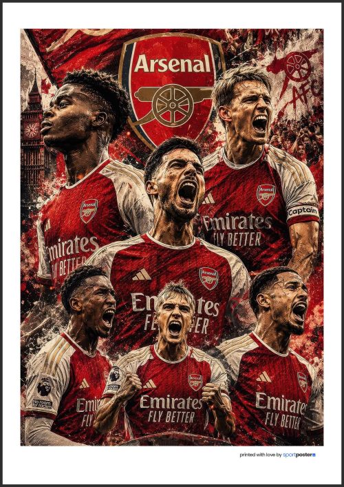 Futbalový fanúšikovský plagát Arsenal FC s hrákmi v červených dresoch a klubovým erbom.