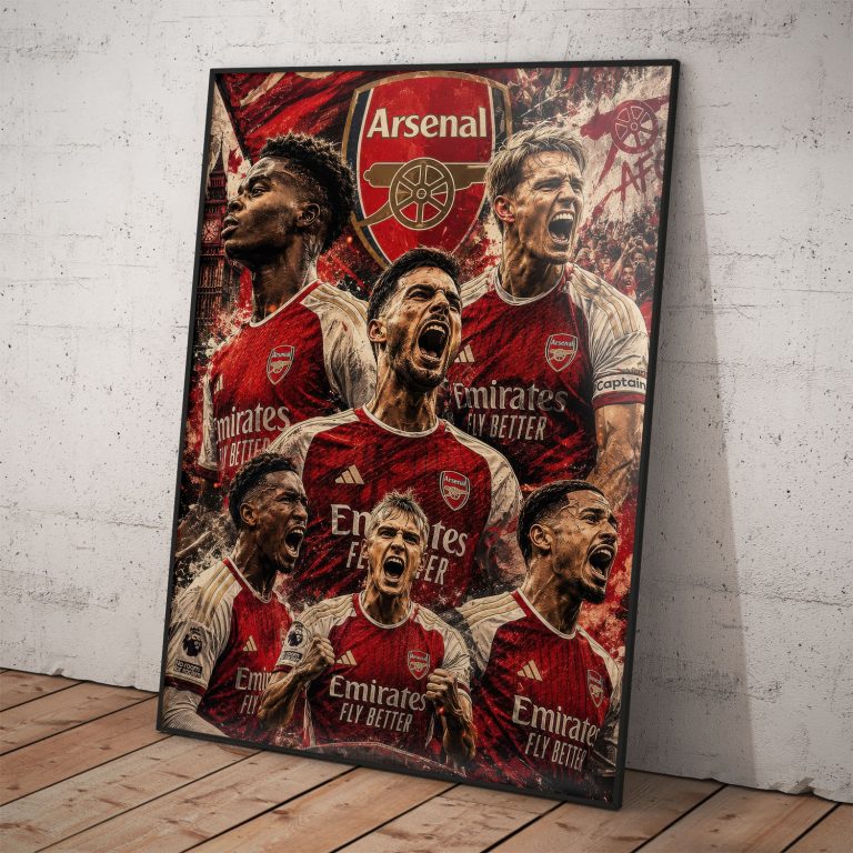 Futbalový fanúšikovský plagát Arsenal FC s hrákmi v červených dresoch a klubovým erbom.