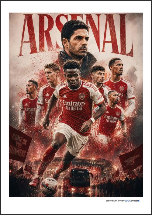 Umelecký plagát Arsenal FC s trénerom Artetom, hráčmi v akcii a štadiónom Emirates.