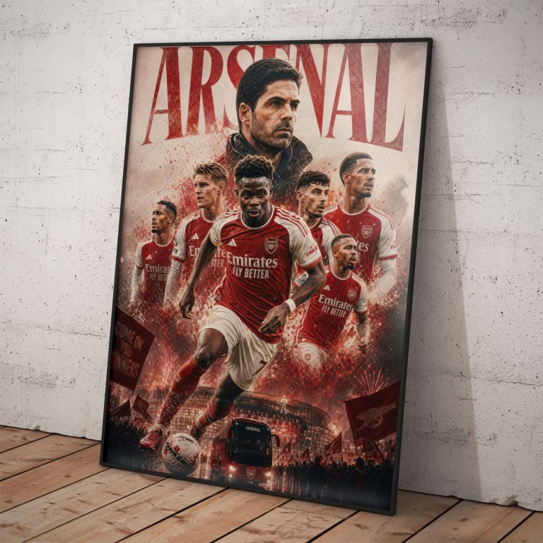 Umelecký plagát Arsenal FC s trénerom Artetom, hráčmi v akcii a štadiónom Emirates.