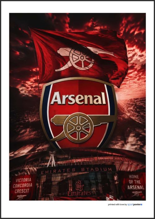 Futbalový plagát Arsenal FC s oficiálnym erbom, červenou vlajkou a štadiónom Emirates Stadium.
