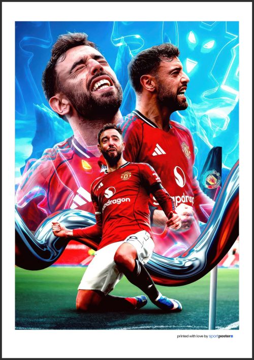 Futbalový plagát Bruno Fernandes v drese Manchester United oslavujúci gól na žiarivom modrom pozadí.