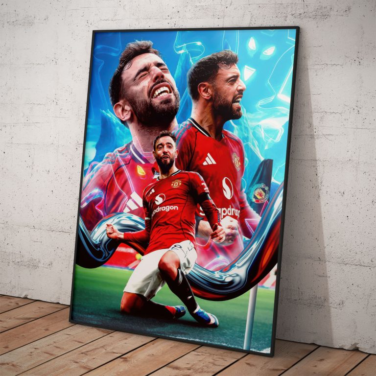 Futbalový plagát Bruno Fernandes v drese Manchester United oslavujúci gól na žiarivom modrom pozadí.