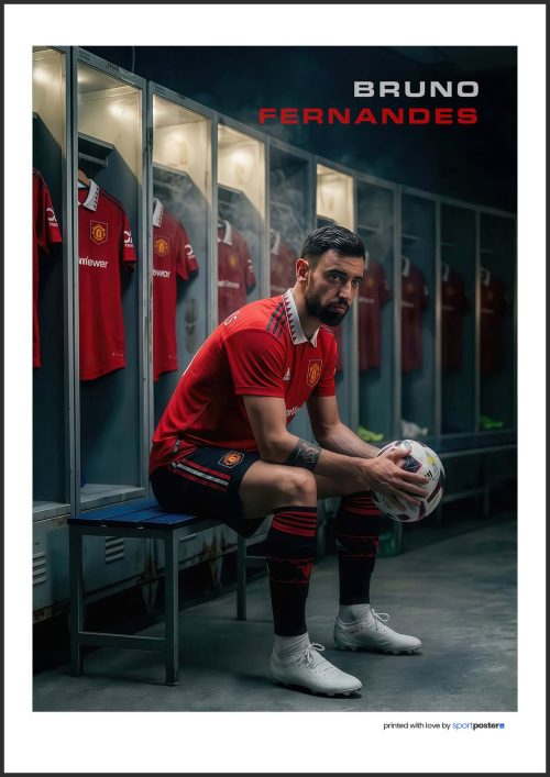 Umelecký plagát Bruno Fernandes sediaci s loptou v šatni Manchester United FC.