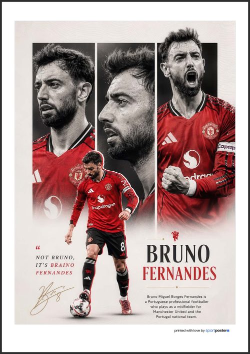 Futbalový plagát Bruno Fernandes s čiernobielymi portrétmi a červeným dresom Manchester United FC.