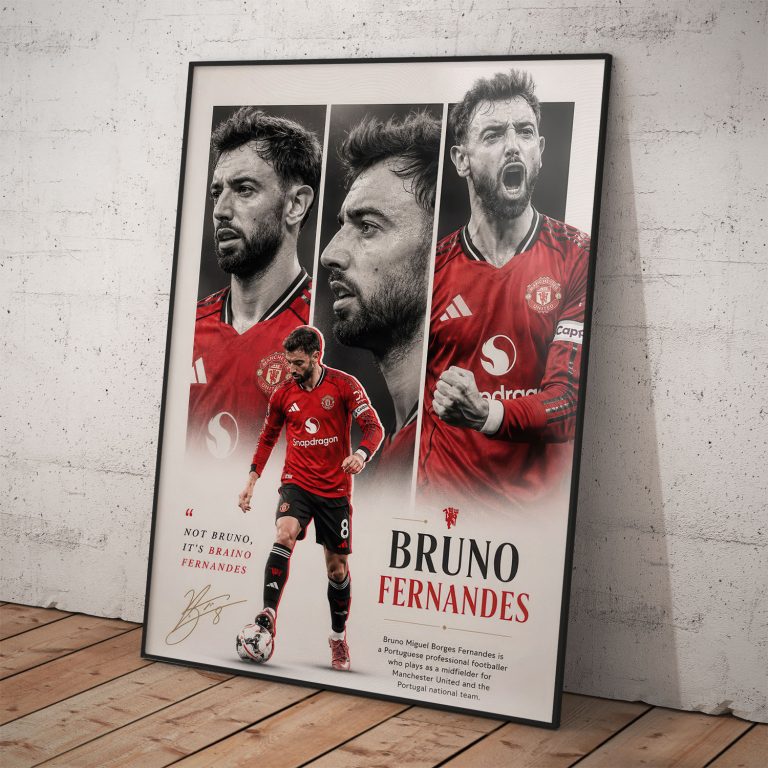 Futbalový plagát Bruno Fernandes s čiernobielymi portrétmi a červeným dresom Manchester United FC.