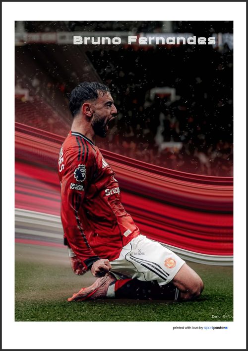Dramatický futbalový plagát Bruna Fernandesa kľačiaceho na trávniku v drese Manchester United FC.