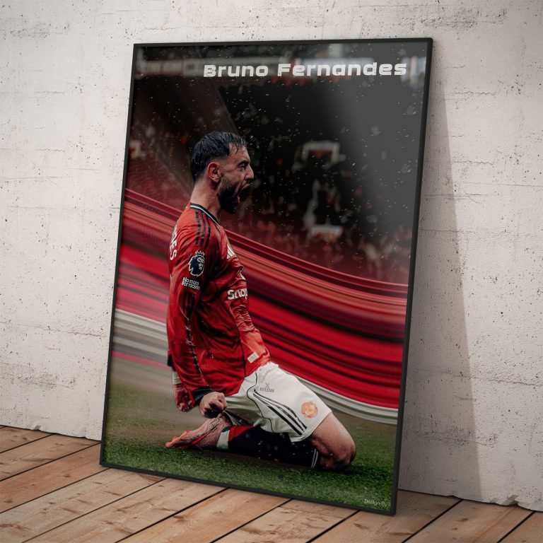 Dramatický futbalový plagát Bruna Fernandesa kľačiaceho na trávniku v drese Manchester United FC.