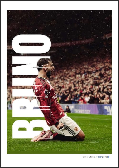 Dramatický plagát Bruno Fernandes kľačiaci pri oslave gólu v drese Manchester United FC.