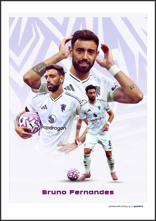 Futbalový plagát Bruno Fernandes v bielom drese Manchester United FC s ikonickou oslavou.