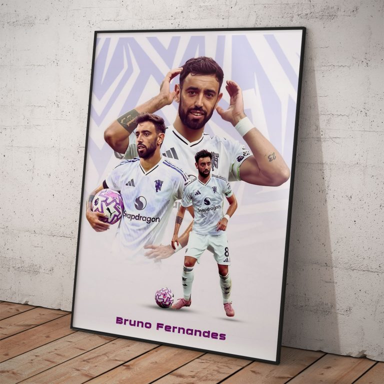 Futbalový plagát Bruno Fernandes v bielom drese Manchester United FC s ikonickou oslavou.