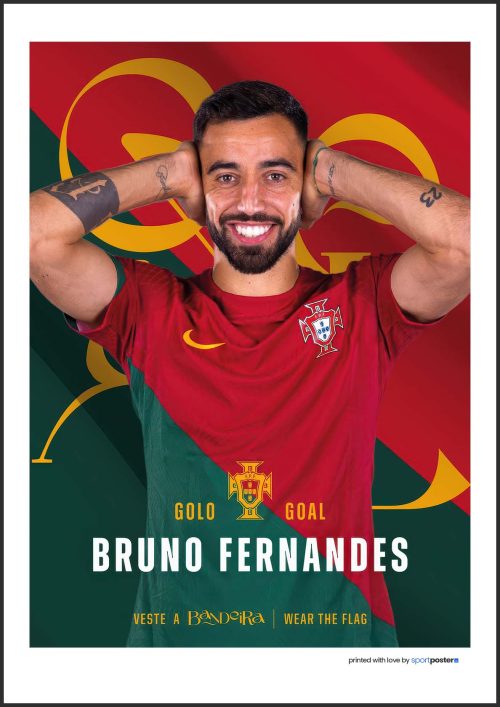 Futbalový plagát Bruno Fernandes v reprezentatívnom drese Portugalska s ikonickou oslavou.