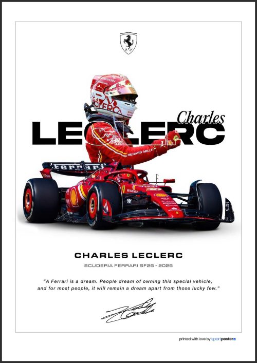 Prémiový plagát Charles Leclerc Scuderia Ferrari F1 z originálnej série v ráme.