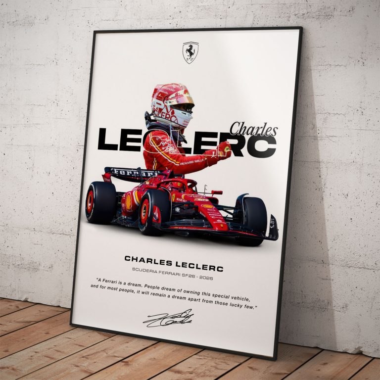 Prémiový plagát Charles Leclerc Scuderia Ferrari F1 z originálnej série v ráme.