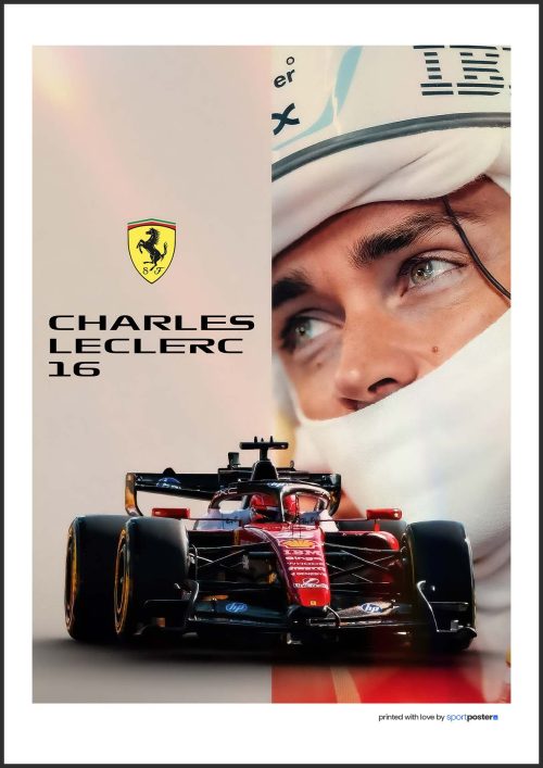 F1 plagát Charles Leclerc s pohľadom v prilbe a monopostom Scuderia Ferrari číslo 16.