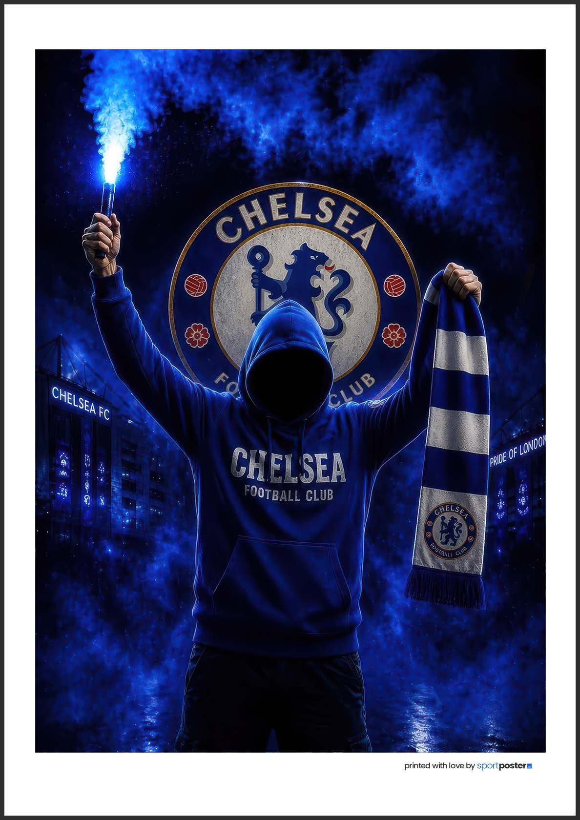 Fanúšikovský plagát Chelsea FC s postavou držiacou modrú svetlicu a klubový šál s logom.