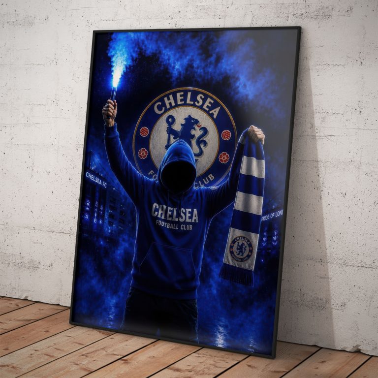 Fanúšikovský plagát Chelsea FC s postavou držiacou modrú svetlicu a klubový šál s logom.