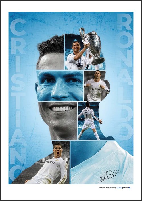 Futbalový plagát Cristiano Ronaldo so siluetou portrétu a ikonickými momentmi z Realu Madrid.