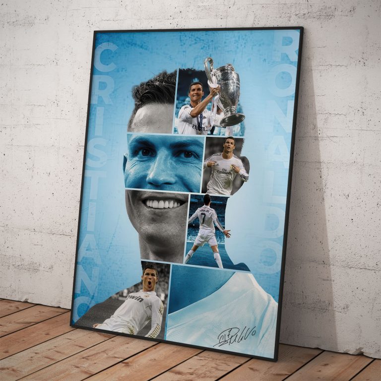 Futbalový plagát Cristiano Ronaldo so siluetou portrétu a ikonickými momentmi z Realu Madrid.