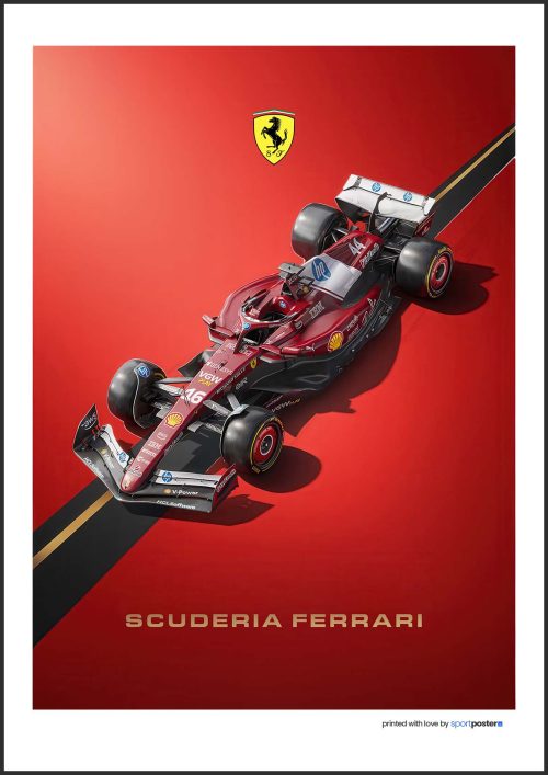 Plagát monopostu Scuderia Ferrari F1 pre sezónu 2026 na červenom pozadí s logom stajne.