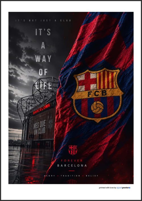 Fanúšikovský plagát FC Barcelona s erbom na vlajke, štadiónom a nápisom It's a way of life.