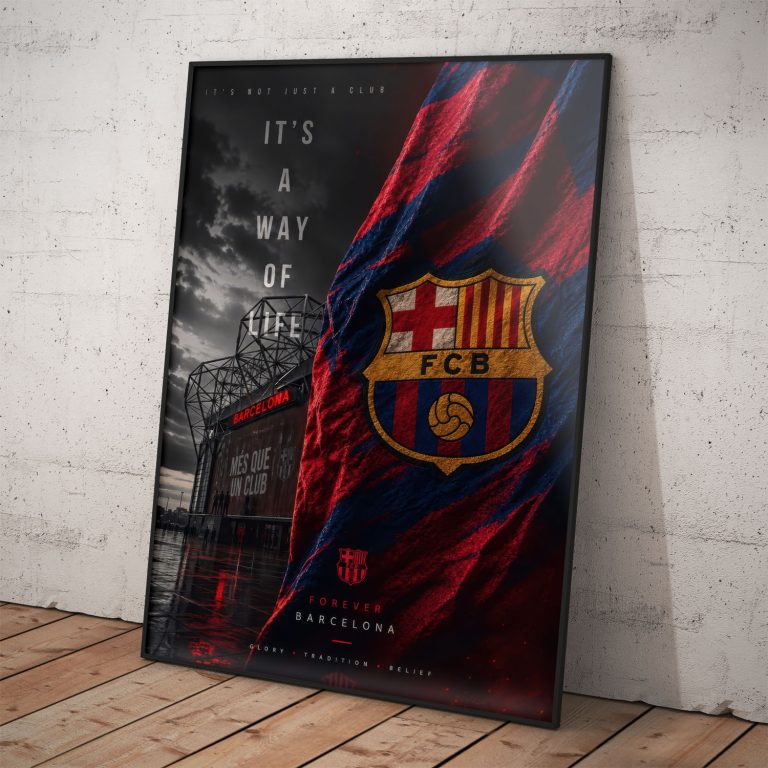 Fanúšikovský plagát FC Barcelona s erbom na vlajke, štadiónom a nápisom It's a way of life.