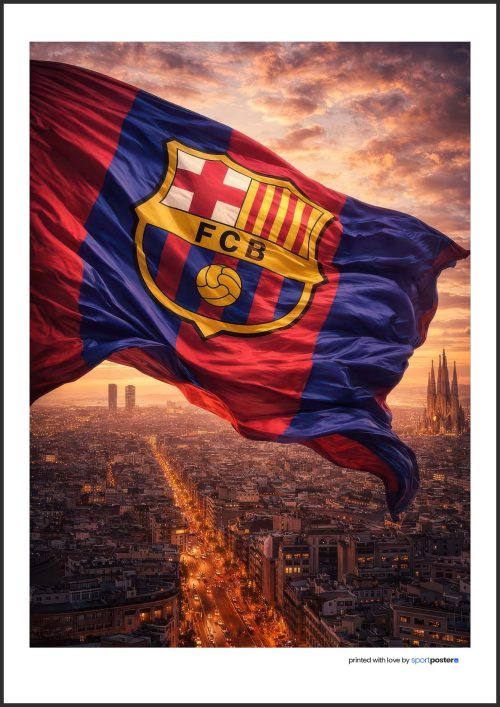Umelecký plagát FC Barcelona s vlajkou a erbom vznášajúcim sa nad mestom Barcelona.