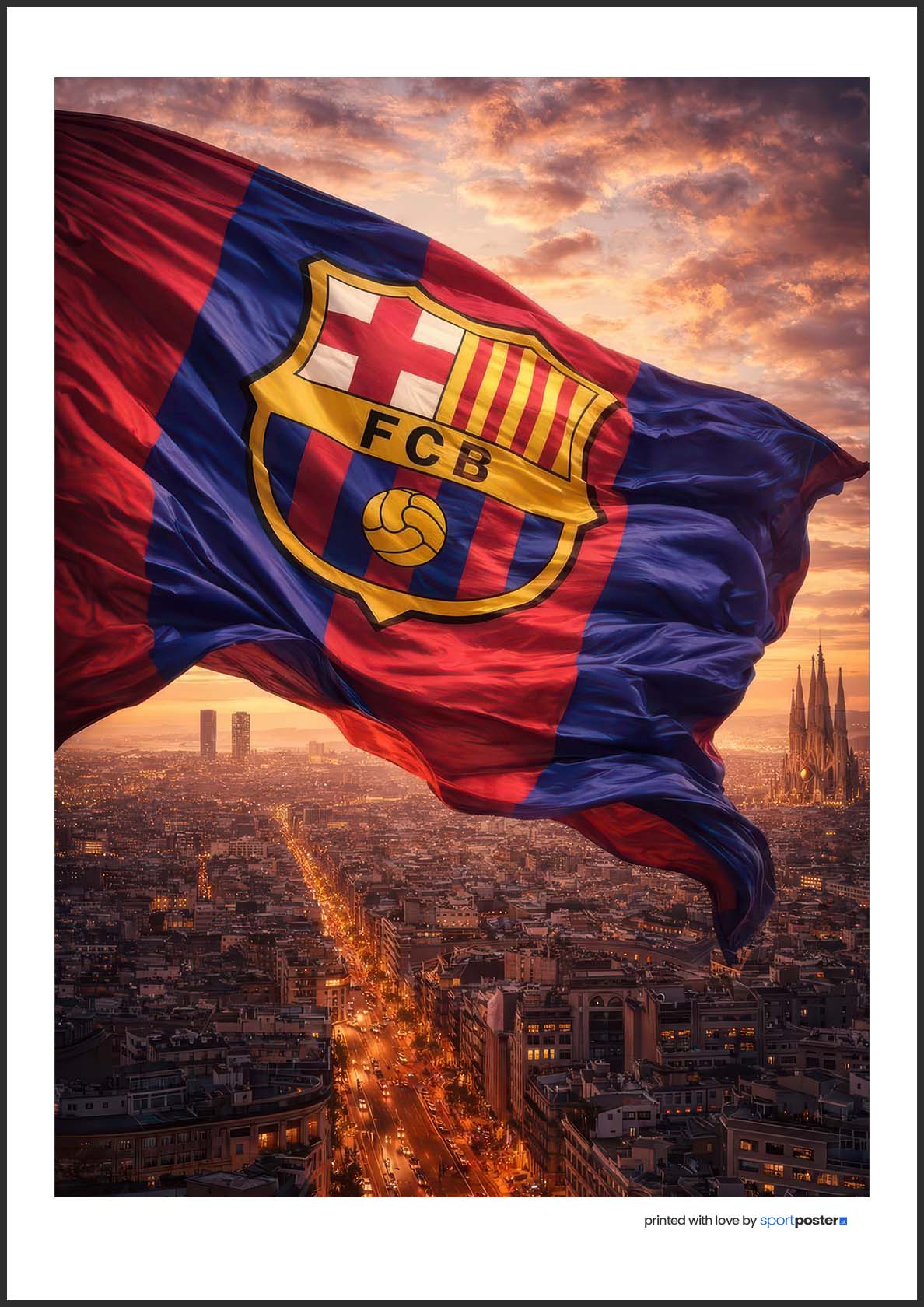 Umelecký plagát FC Barcelona s vlajkou a erbom vznášajúcim sa nad mestom Barcelona.