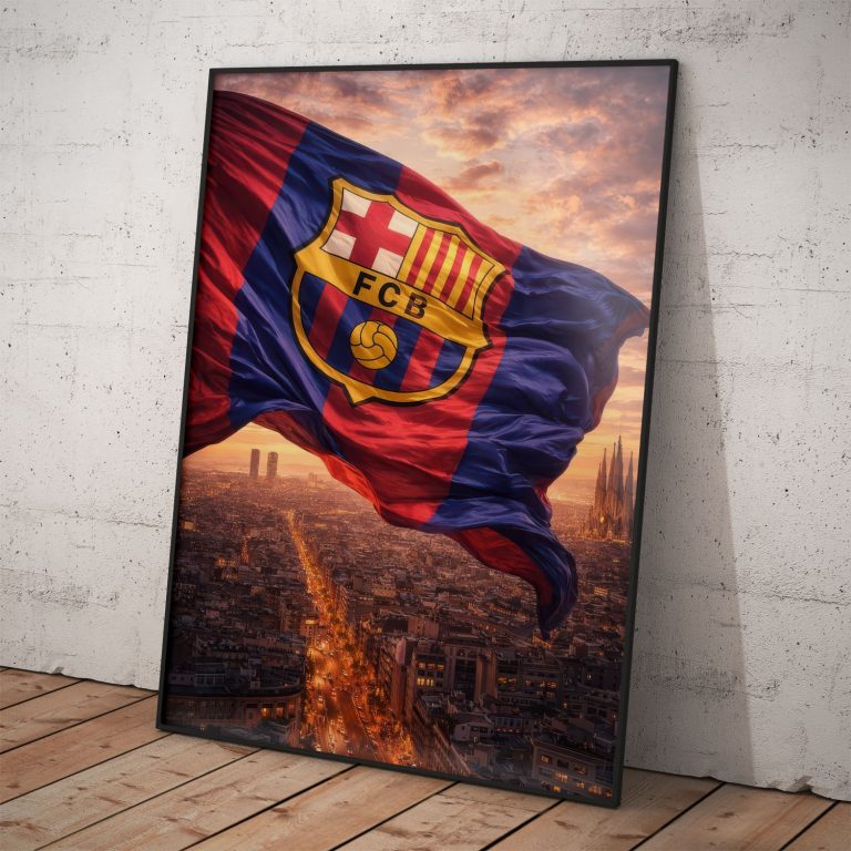 Umelecký plagát FC Barcelona s vlajkou a erbom vznášajúcim sa nad mestom Barcelona.