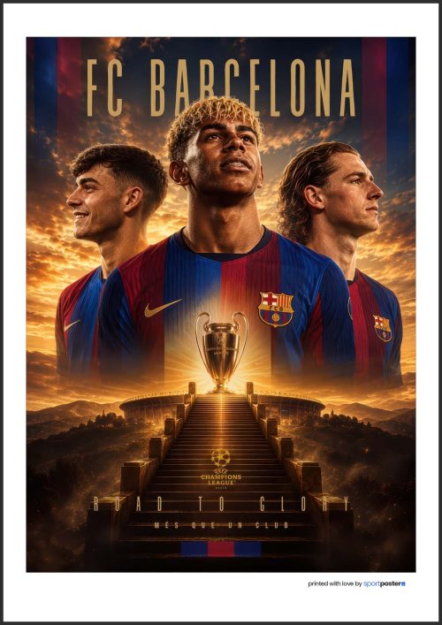 Umelecký plagát FC Barcelona s hráčmi Yamalom, Pedrim, Lewandowskim a trofejou Ligy majstrov.