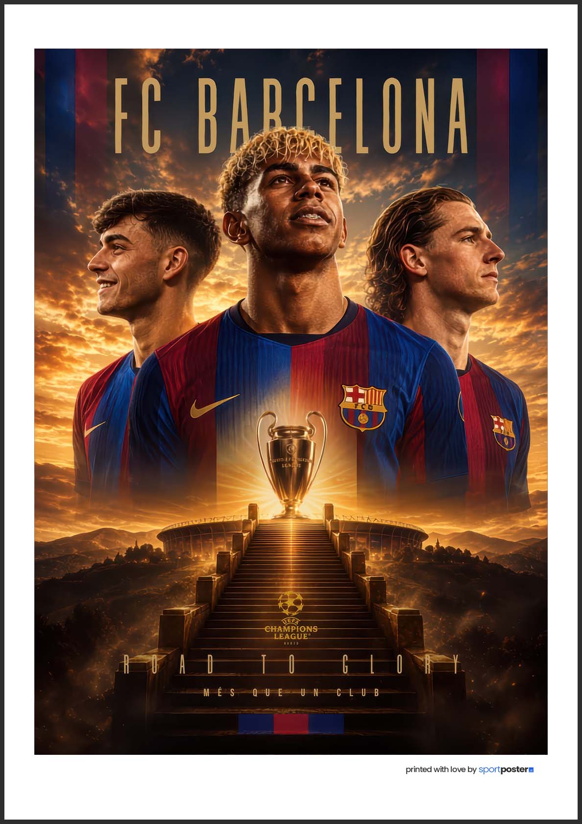 Umelecký plagát FC Barcelona s hráčmi Yamalom, Pedrim, Lewandowskim a trofejou Ligy majstrov.