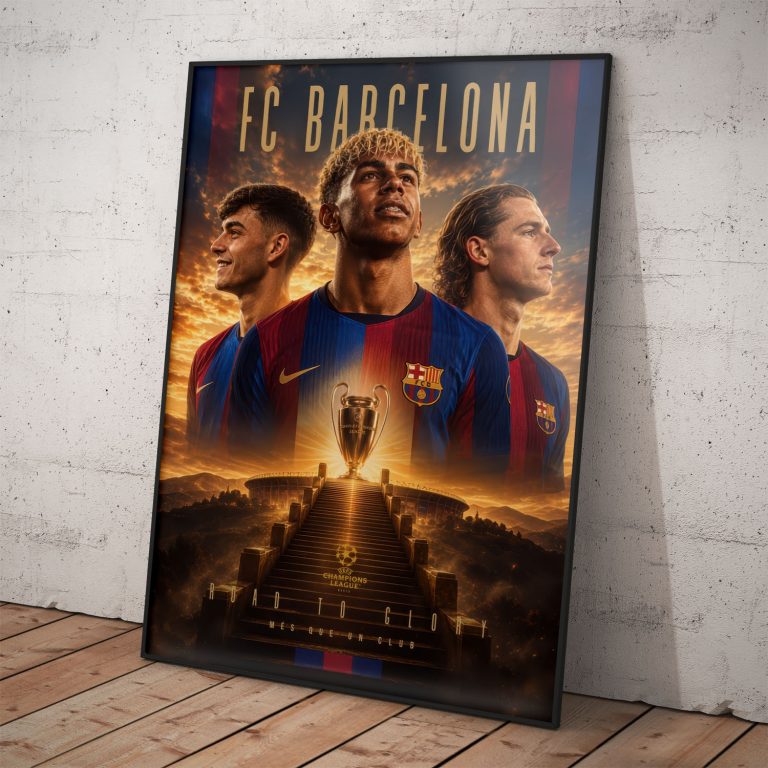 Umelecký plagát FC Barcelona s hráčmi Yamalom, Pedrim, Lewandowskim a trofejou Ligy majstrov.