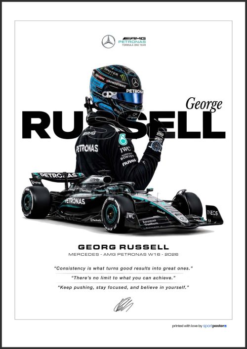 Prémiový plagát George Russell Mercedes F1 z originálnej série v ráme.