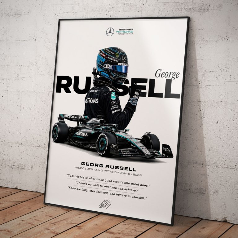 Prémiový plagát George Russell Mercedes F1 z originálnej série v ráme.