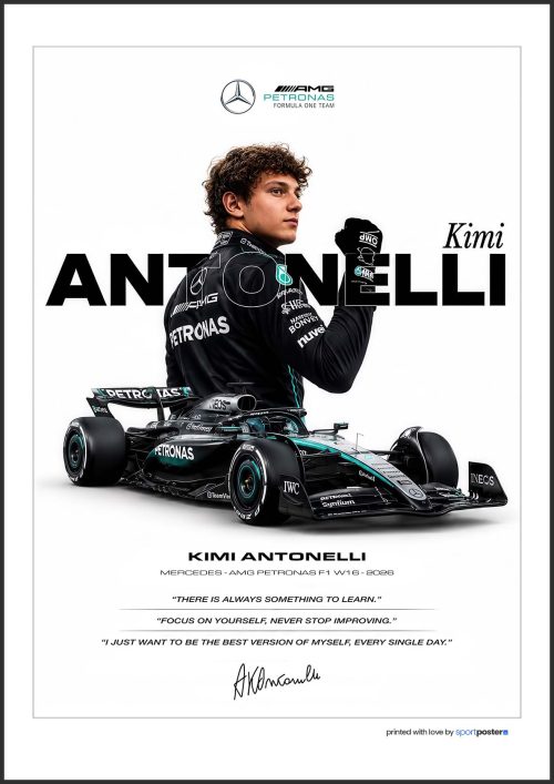 Prémiový plagát Kimi Antonelli Mercedes F1 z originálnej série v ráme.