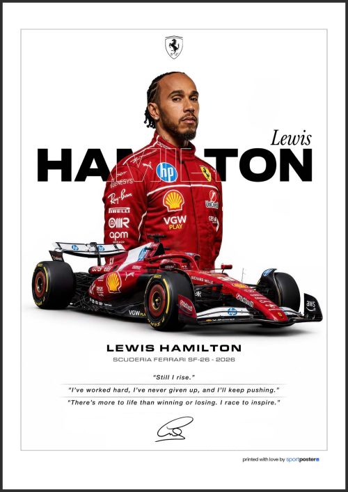 Prémiový plagát Lewis Hamilton Scuderia Ferrari F1 z originálnej série v ráme.