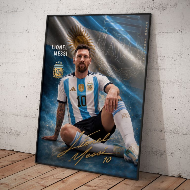 Pamätný futbalový plagát Lionel Messi v reprezentatívnom drese Argentíny so zlatým podpisom