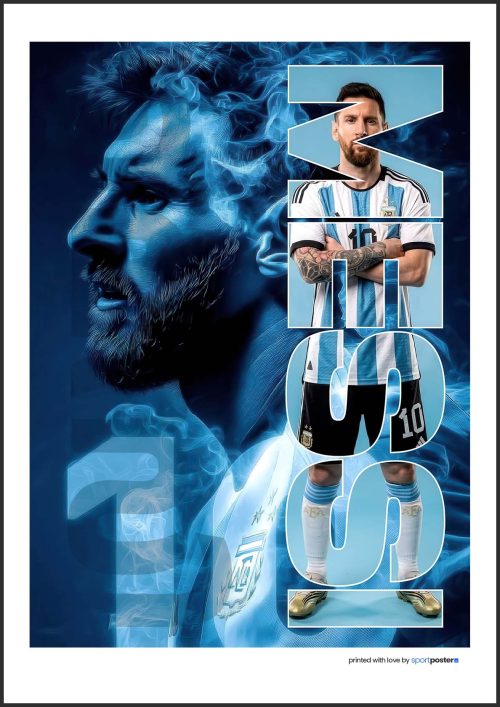Futbalový plagát Lionel Messi s dymovým modrým portrétom a typografickým nápisom v drese Argentíny.