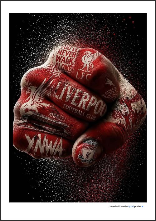 Fanúšikovský plagát Liverpool FC so zatnutou päsťou, symbolmi YNWA, Liver Bird a štadiónom Anfield.