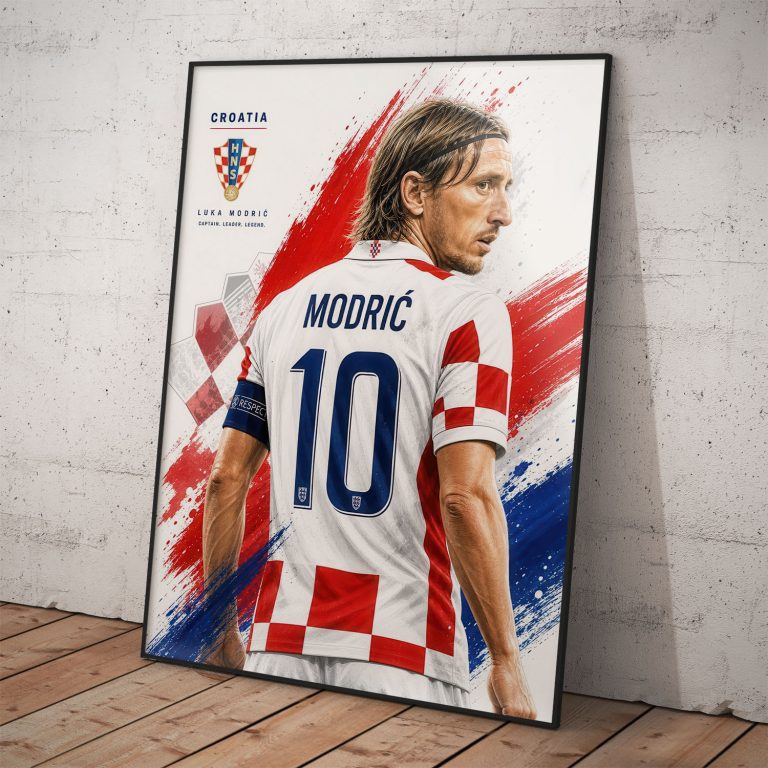 Umelecký plagát Luka Modrić pri pohľade zozadu s číslom 10 v chorvátskych národných farbách.