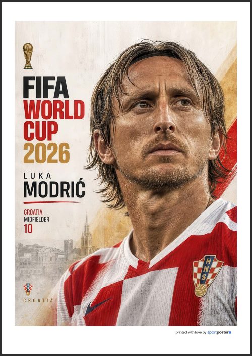 Futbalový plagát Luka Modrić pre FIFA World Cup 2026 s reprezentatívnym drese Chorvátska.