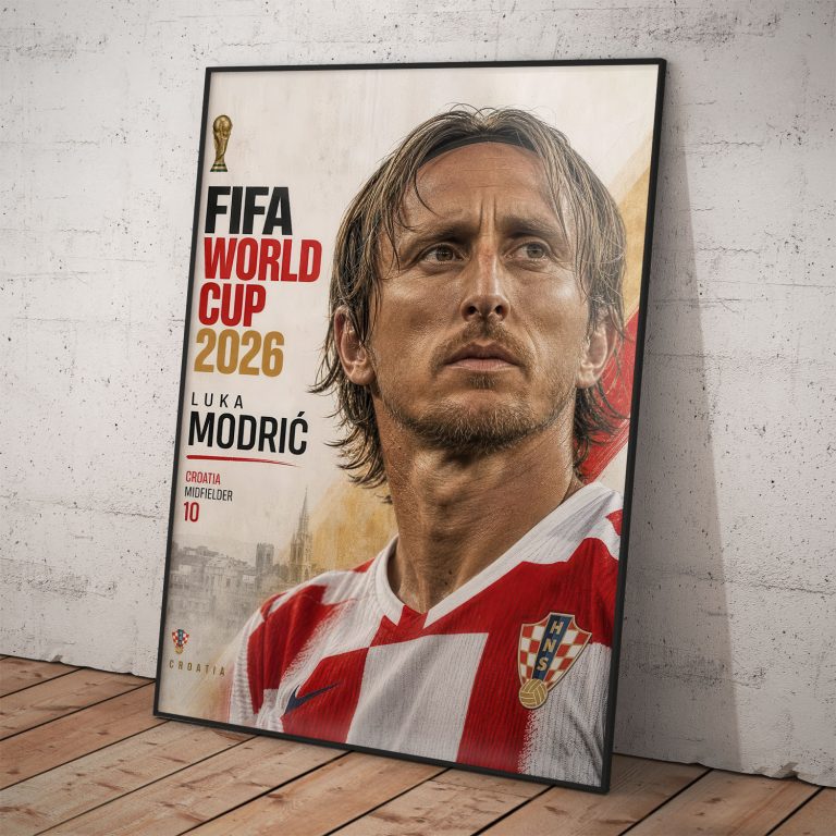 Futbalový plagát Luka Modrić pre FIFA World Cup 2026 s reprezentatívnym drese Chorvátska.