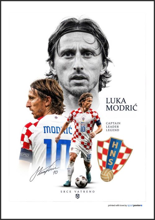 Futbalový plagát Luka Modrić s čiernobielym portrétom a chorvátskym dresom s číslom 10.