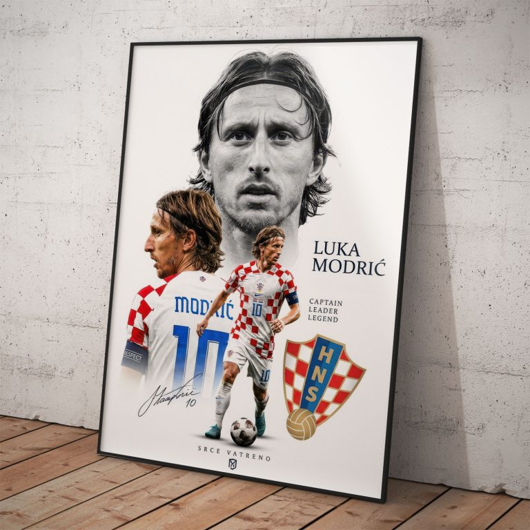 Futbalový plagát Luka Modrić s čiernobielym portrétom a chorvátskym dresom s číslom 10.