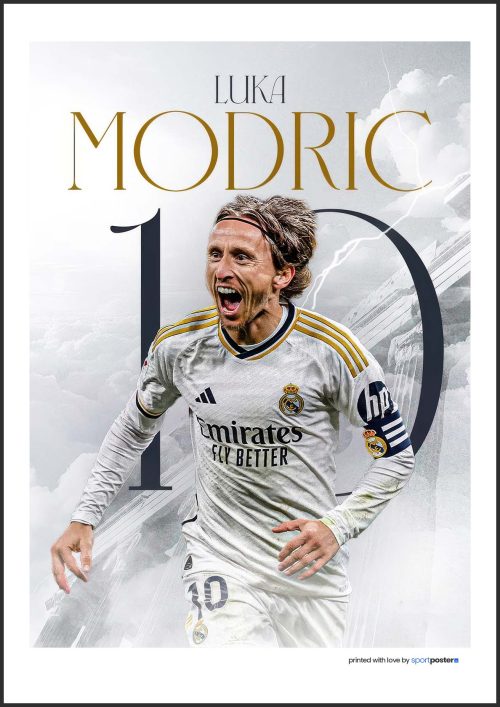 Futbalový plagát Luka Modrić oslavujúci gól v drese Real Madrid s číslom 10.