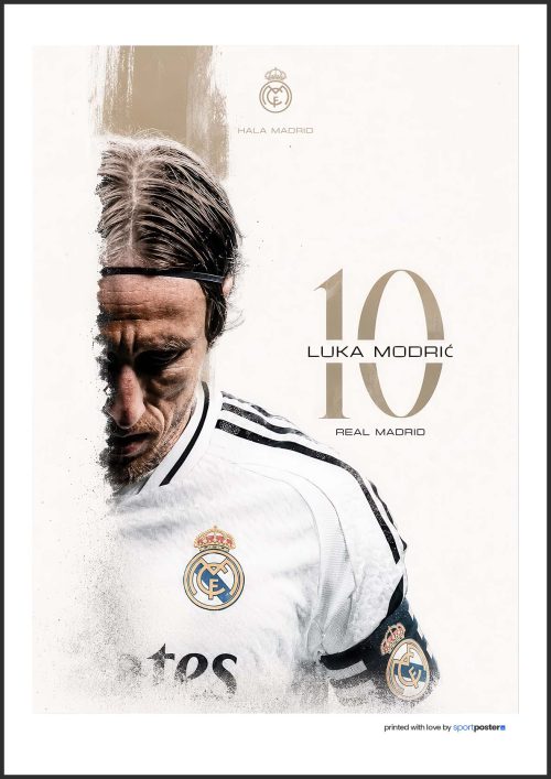 Umelecký plagát Luka Modrić s detailom tváre v drese Real Madrid a erbom klubu.