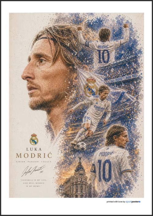 Umelecký futbalový plagát Luka Modrić s detailným portrétom a kolážou okamihov v Real Madrid.