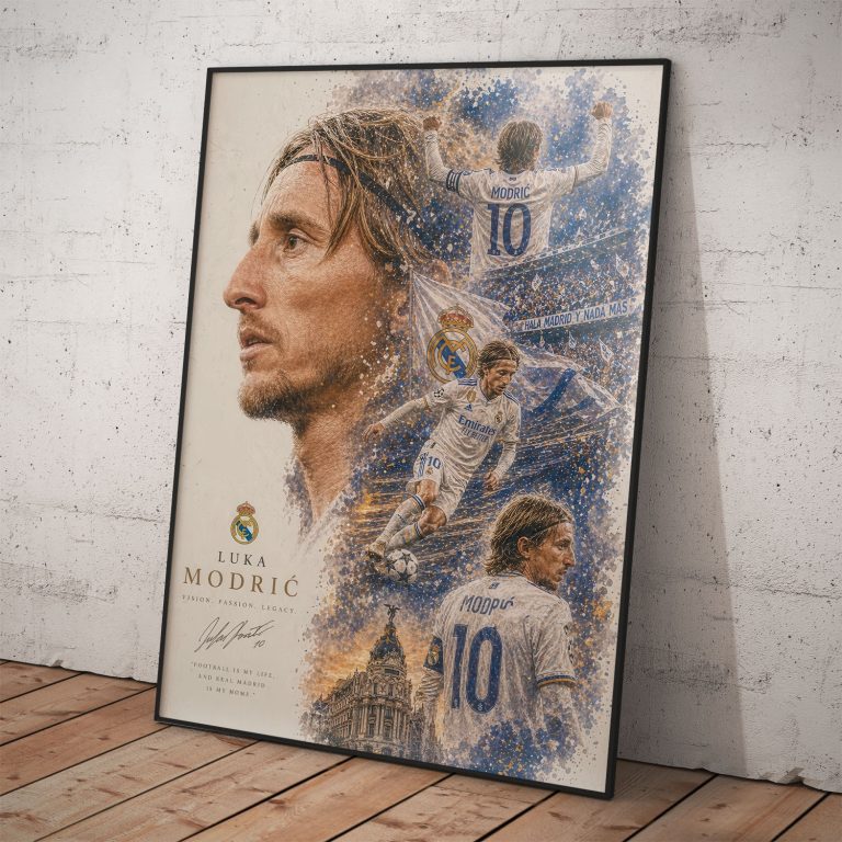 Umelecký futbalový plagát Luka Modrić s detailným portrétom a kolážou okamihov v Real Madrid.