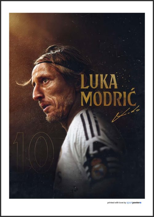 Dramatický detailný plagát Luka Modrić so zlatým menom, podpisom a číslom 10 na tmavom pozadí.