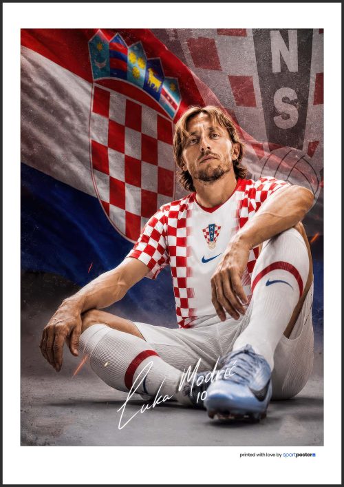 Futbalový plagát Luka Modrić v chorvátskom drese na pozadí národnej vlajky s podpisom.